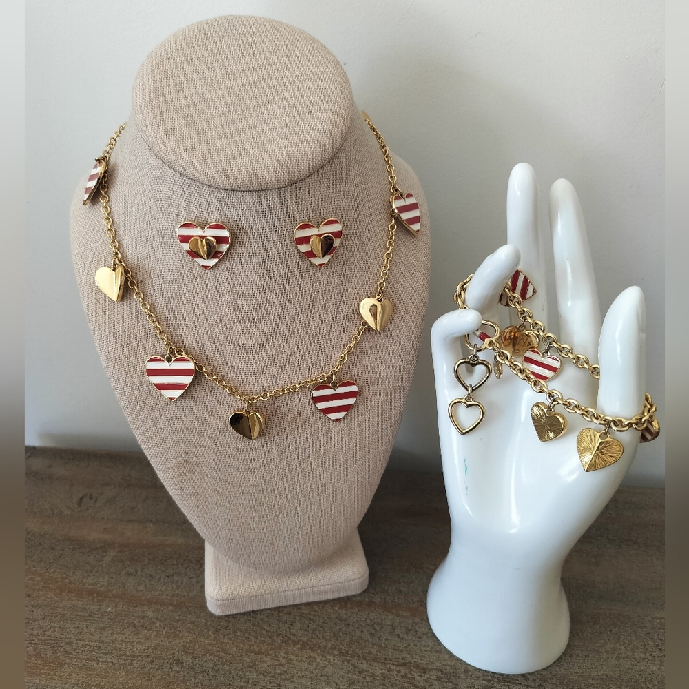 Talbot Gold-Tone Red & White Striped Heart Necklace, Earrings & Bracelet Set